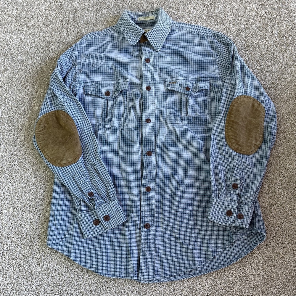 Orvis Shirt Mens Medium Blue Check Long Sleeve Button Up Elbow Patches Field